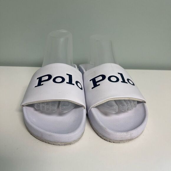 Polo Ralph Lauren Womens Size 9 Polo Spellout Cayson Slides White Black Sandals - Picture 2 of 9